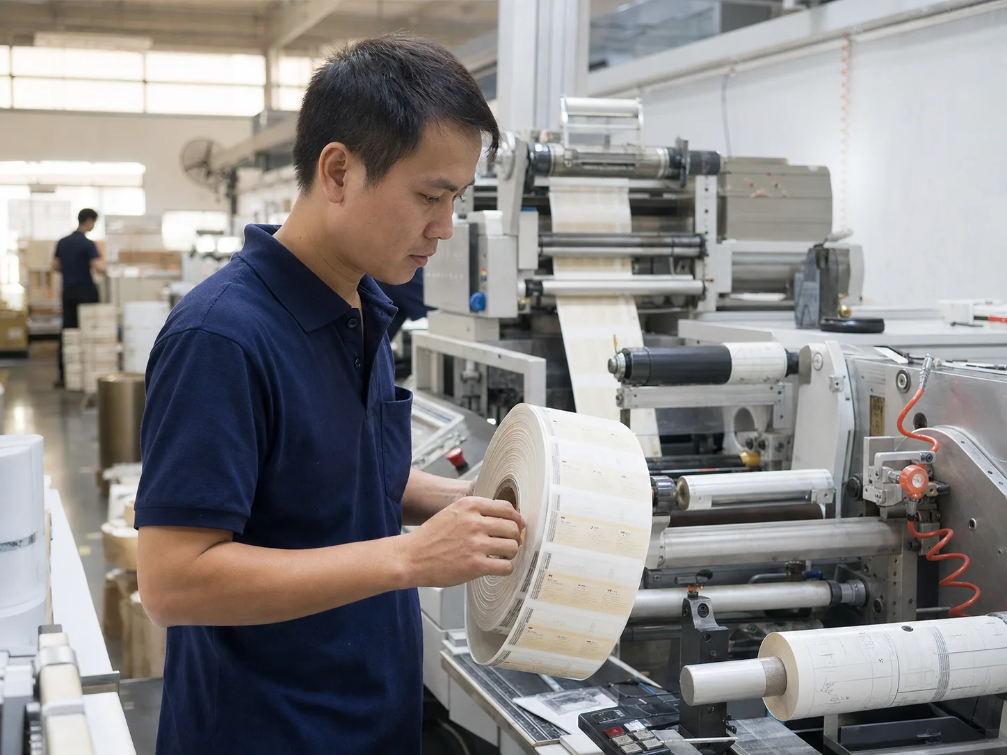 Kỹ thuật viên kiểm tra chất lượng tem nhãn tại xưởng Phước Tân